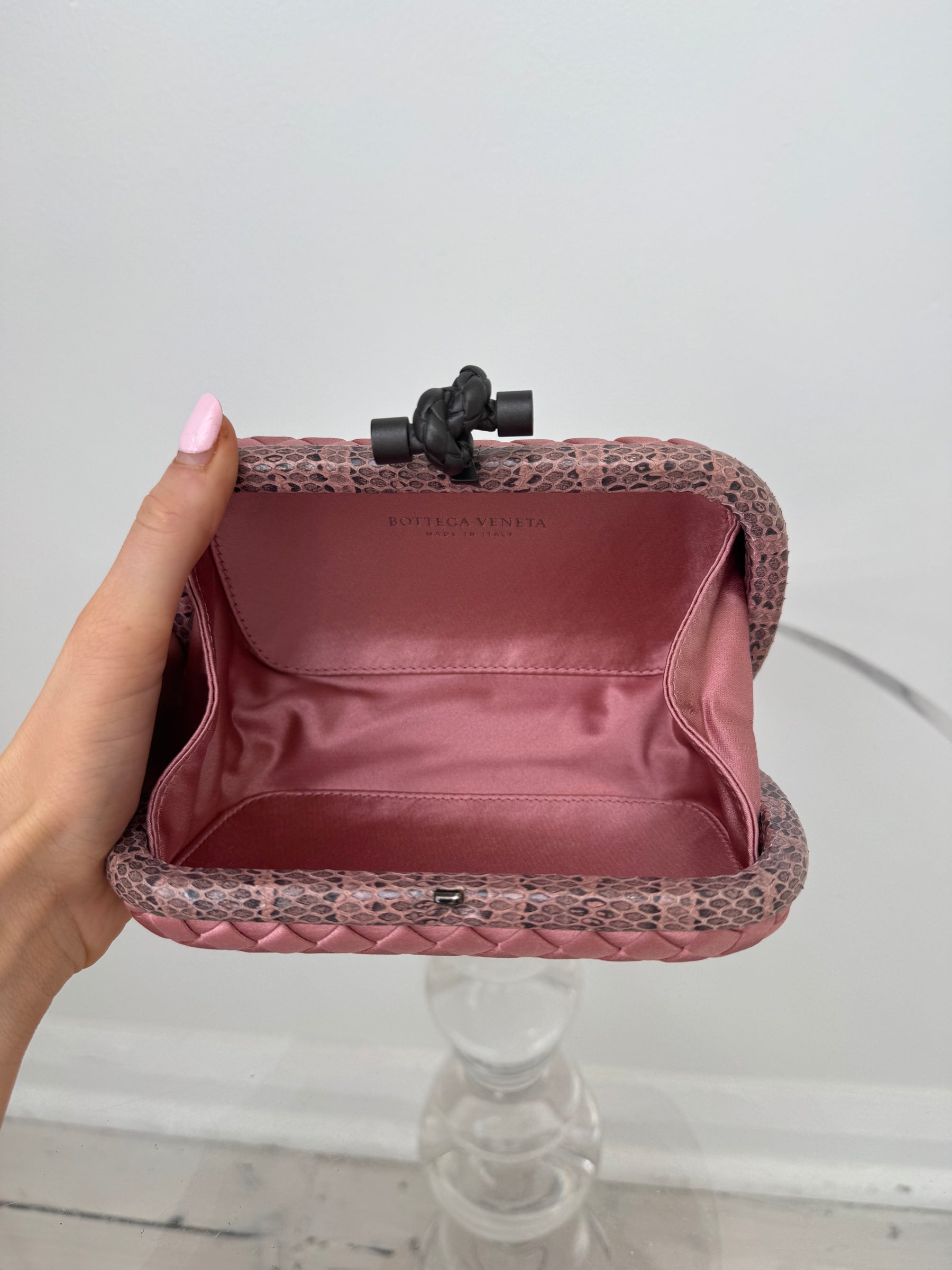 Bottega Veneta Musk Woven Silk Python Trim Knot Clutch