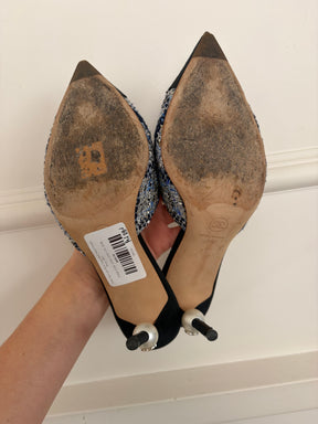 Chanel Navy and White Tweed Pearl Heeled Pointed Mules, 39 C
