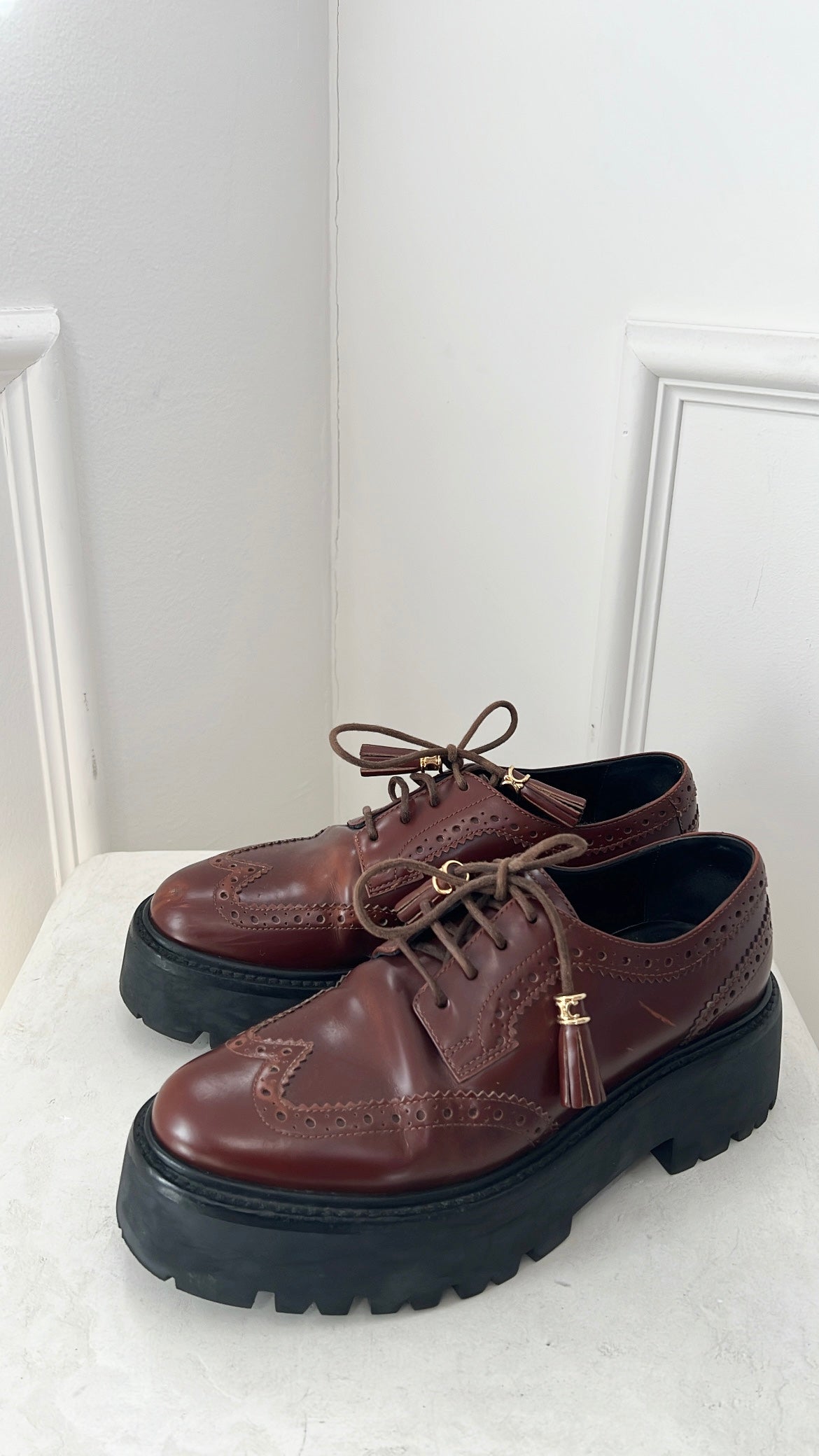 Céline Brown Leather Platform Brogues, 39
