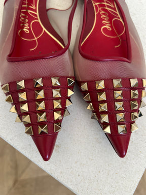 Valentino Garavani Red Leather and Mesh Rockstud Pointed Flats, 41