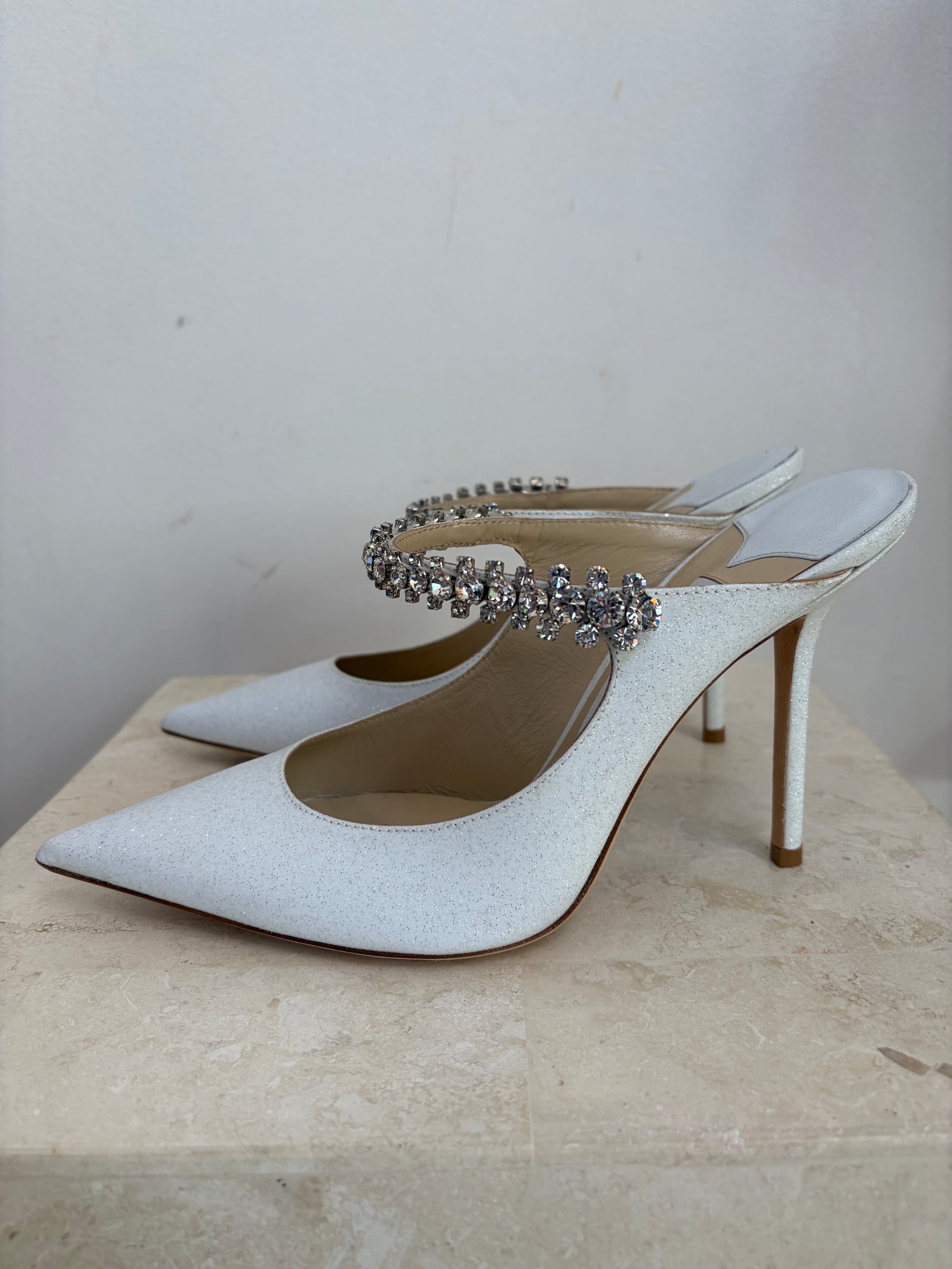 Jimmy Choo White Glitter Crystal Bing Mules, 38