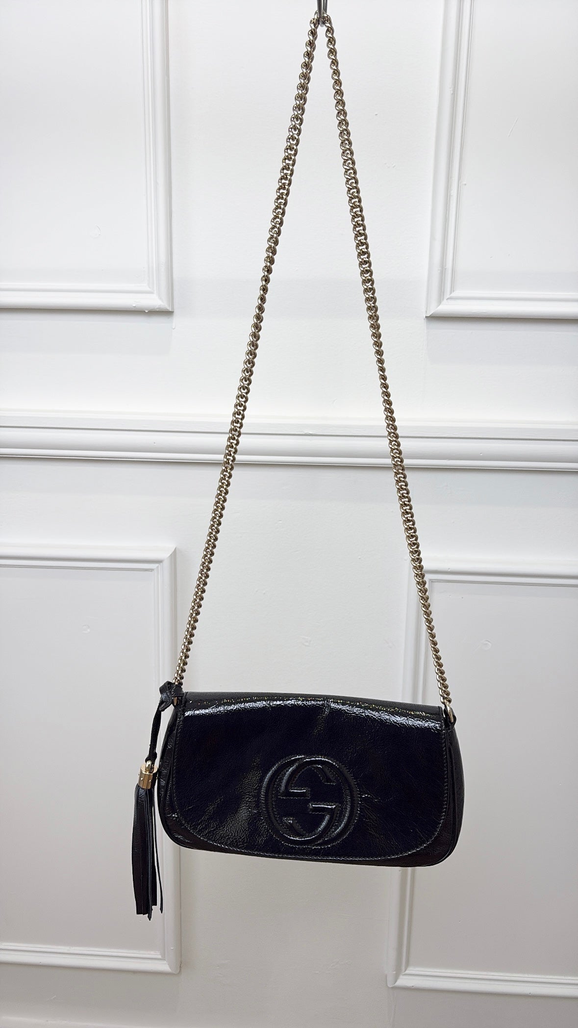 Gucci Black Patent Crinkled Soho Chain Flap bag