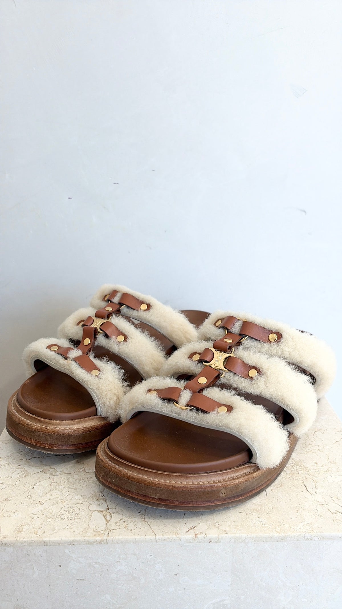 Celine Tan Leather and Cream Shearling Tippi Triomphe Slides, 40