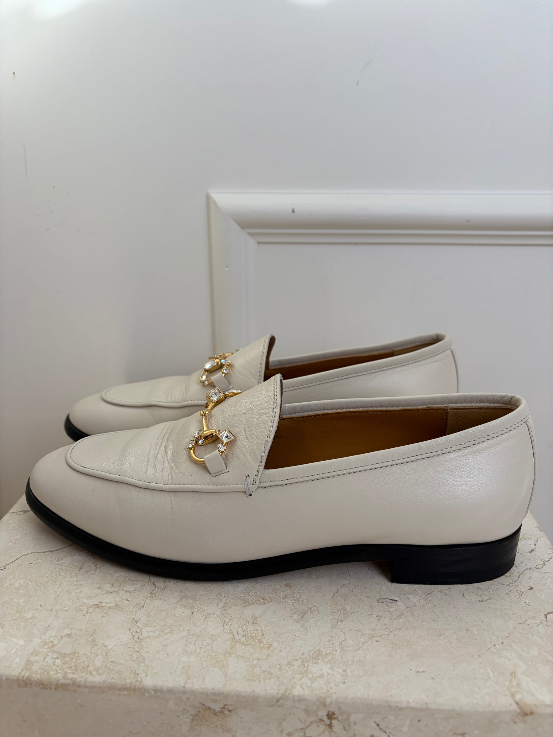 Gucci White Leather Crystal Jordaan Loafers, 38