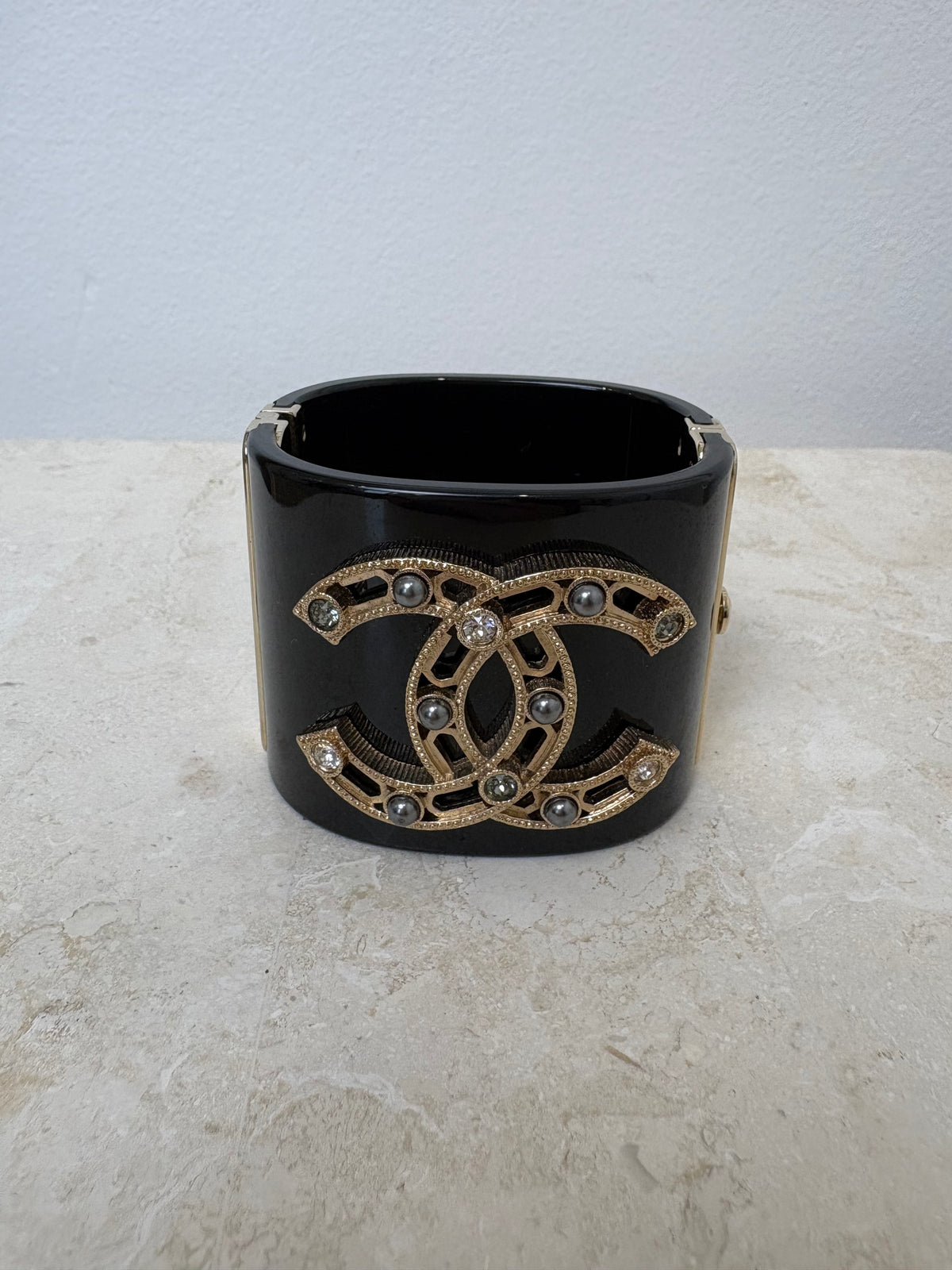 Chanel Black and Gold Tone Acrylic Cuff