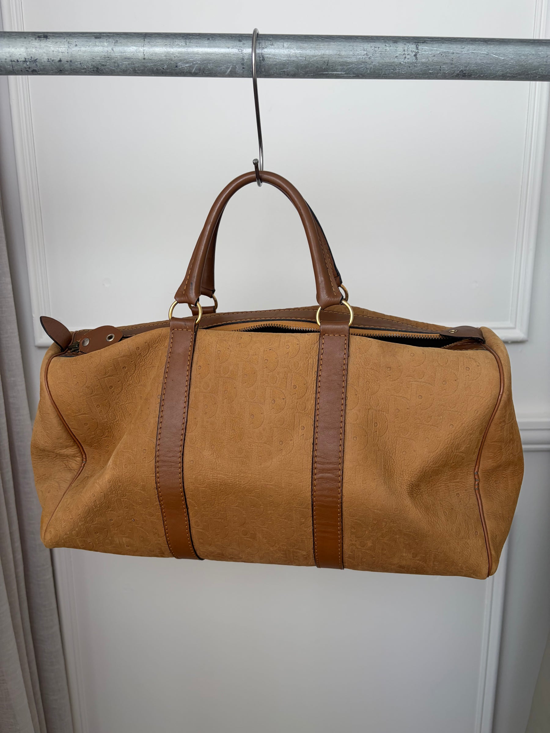Dior Tan Nubuck Oblique Monogram Embossed Boston Bag