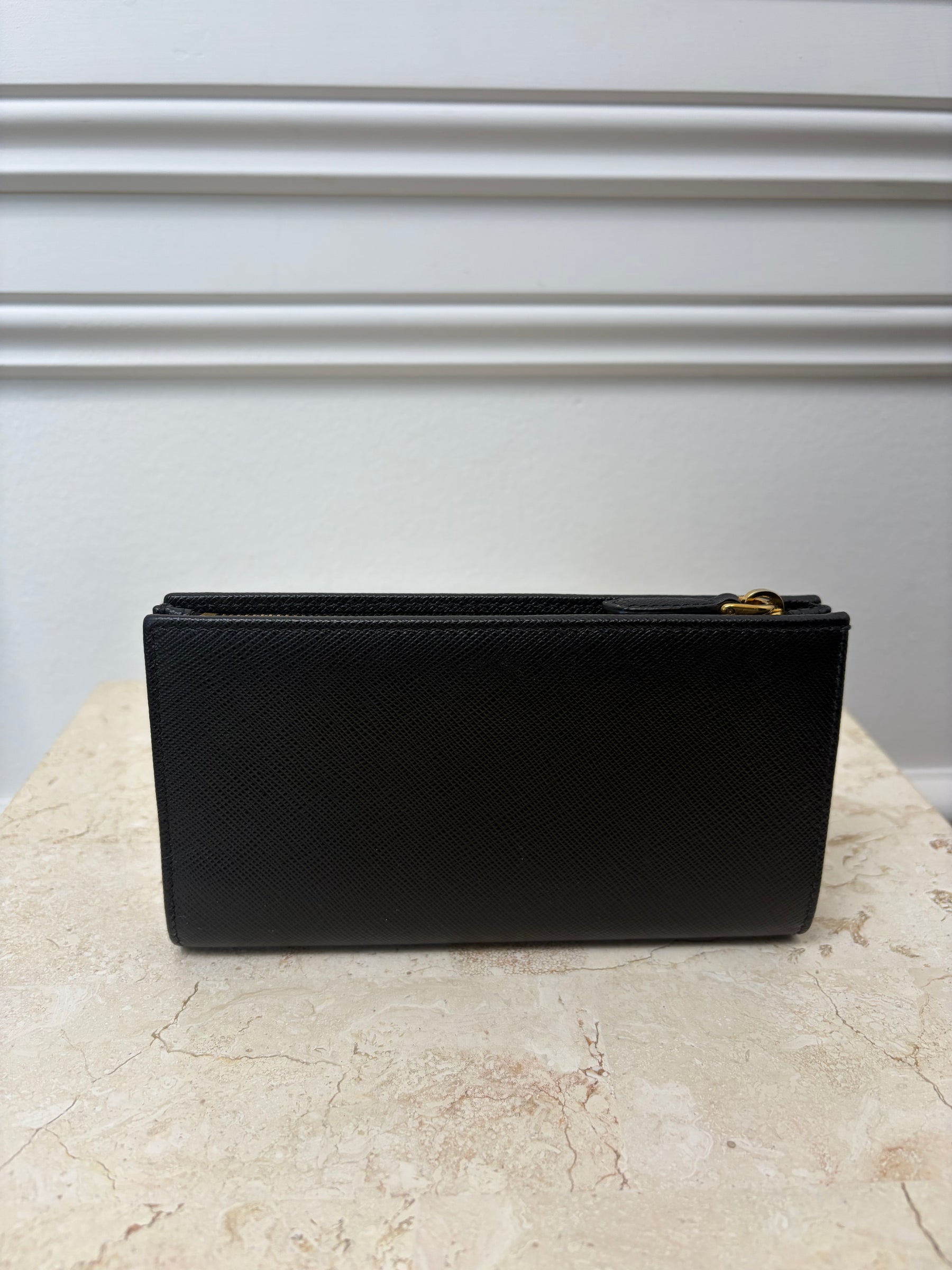 Prada Black Saffiano Leather Trifold Logo Wallet
