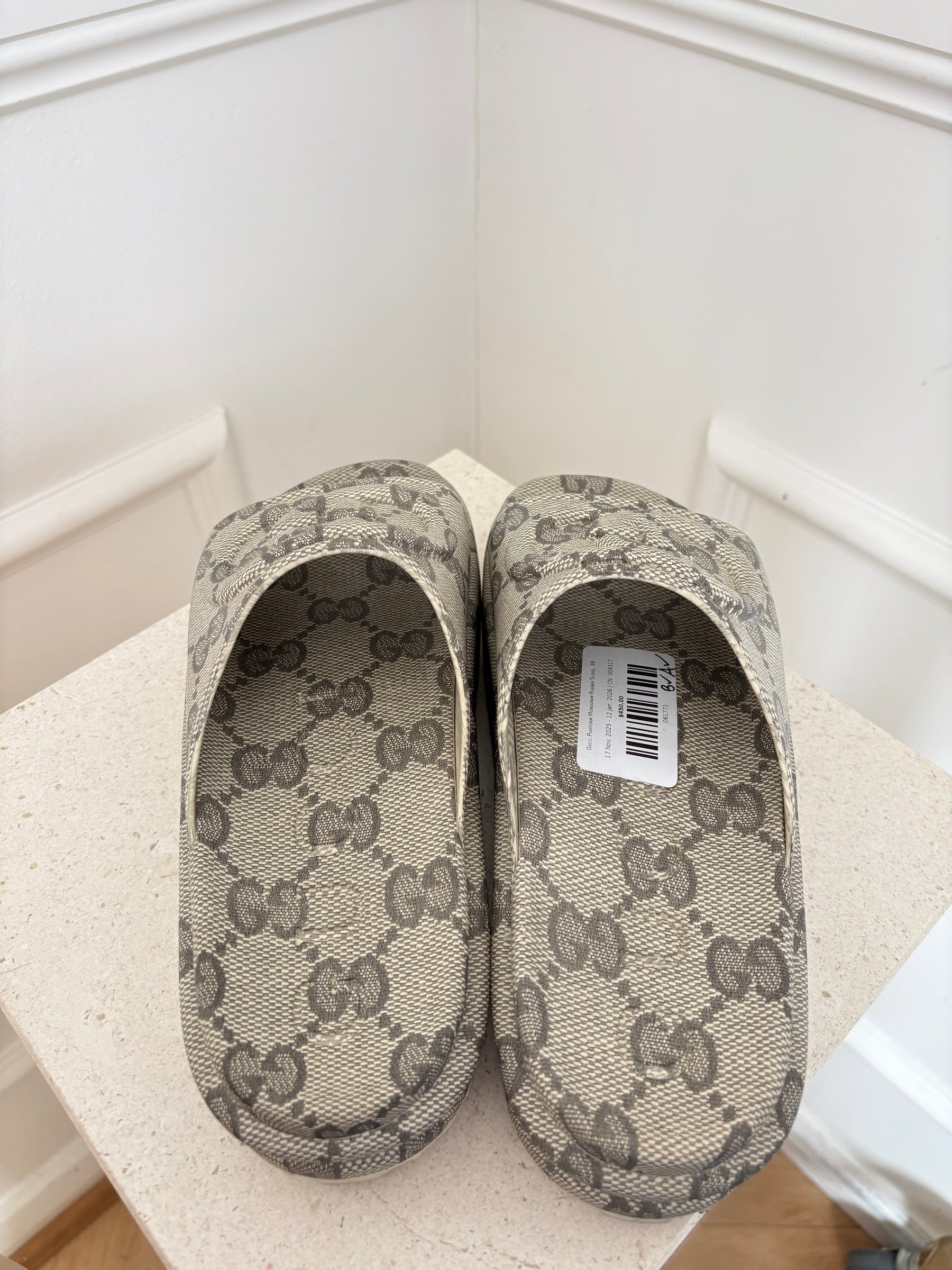 Gucci Platform Monogram Rubber Slides, 39