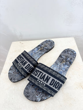 Dior Navy Embroidered D Way Slides, 35.5