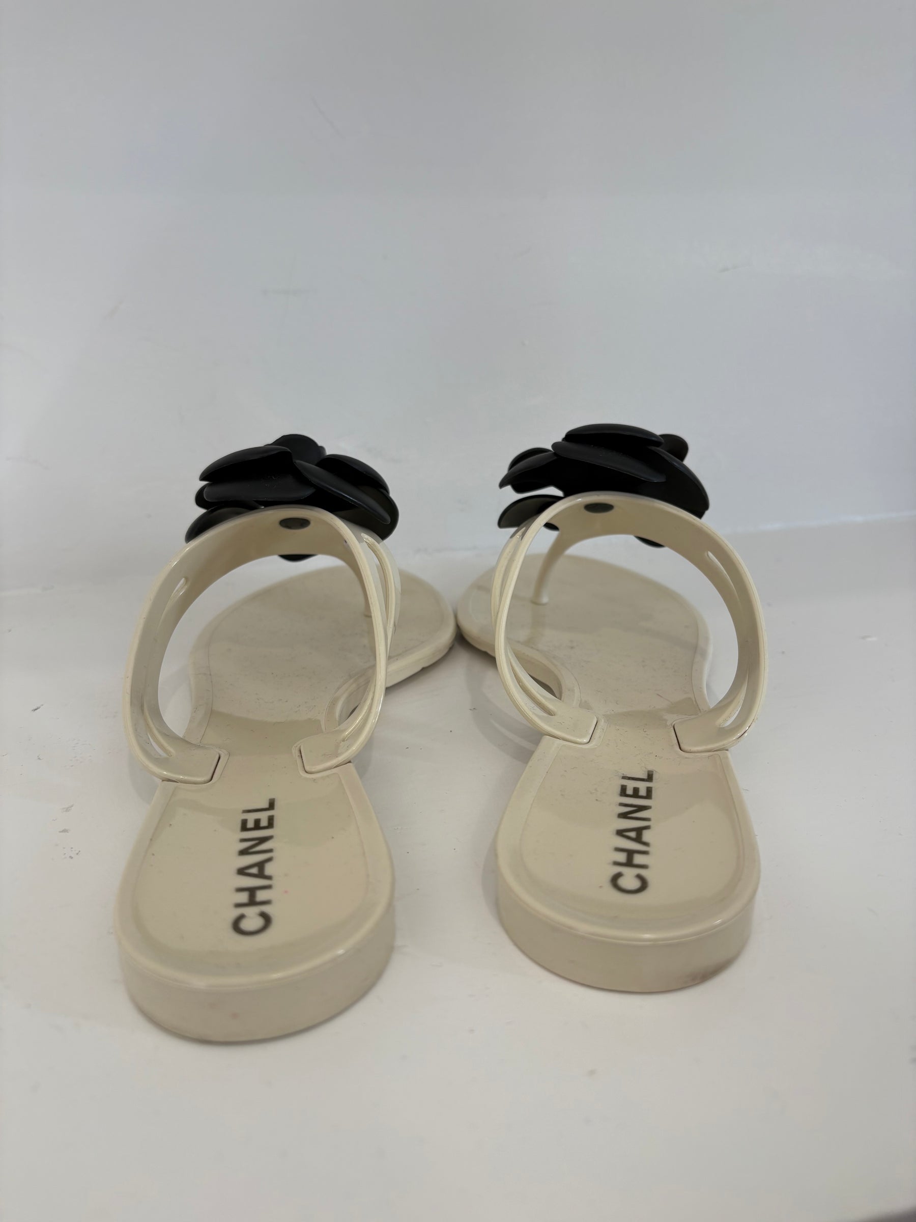 Chanel White Rubber Thong with Black Camellia, 38