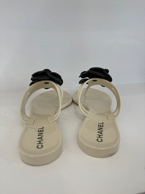 Chanel White Rubber Thong with Black Camellia, 38
