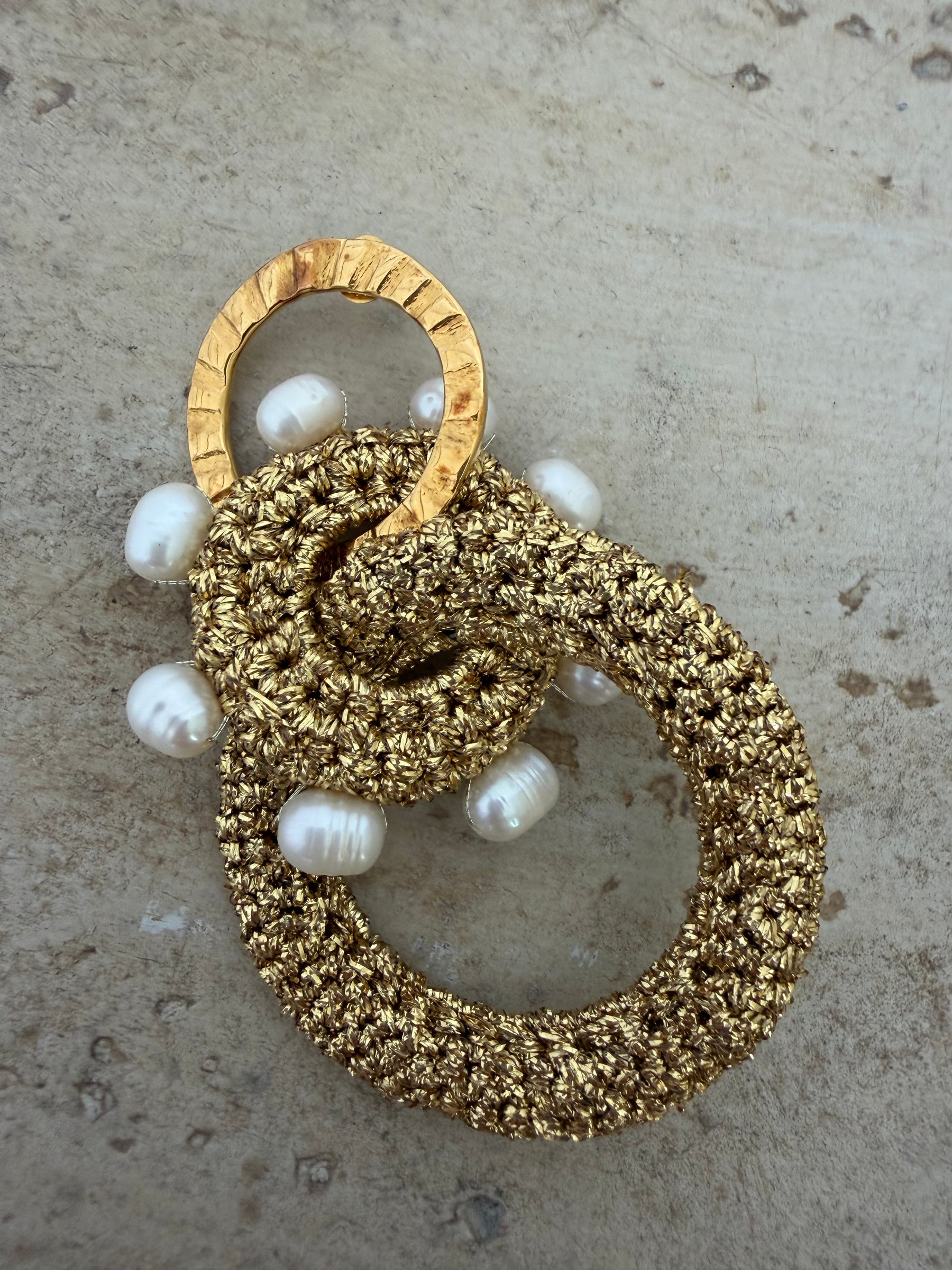 Lucy Folk Gold Metallic Crochet Hoop and Pearl Earrings