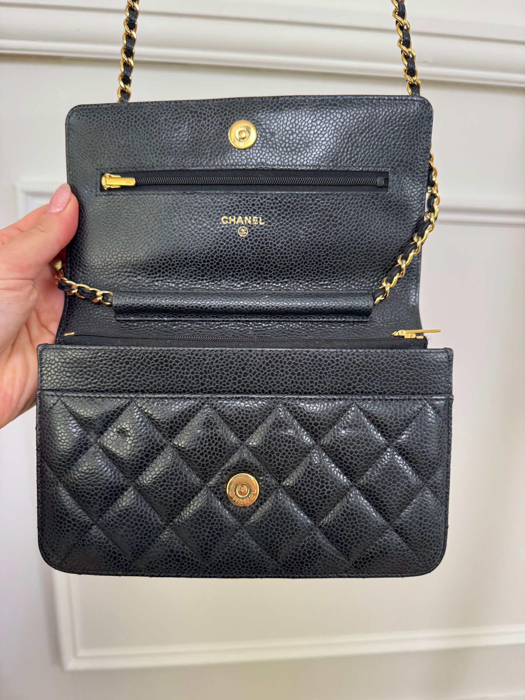 Chanel Black Caviar Leather Wallet On Chain