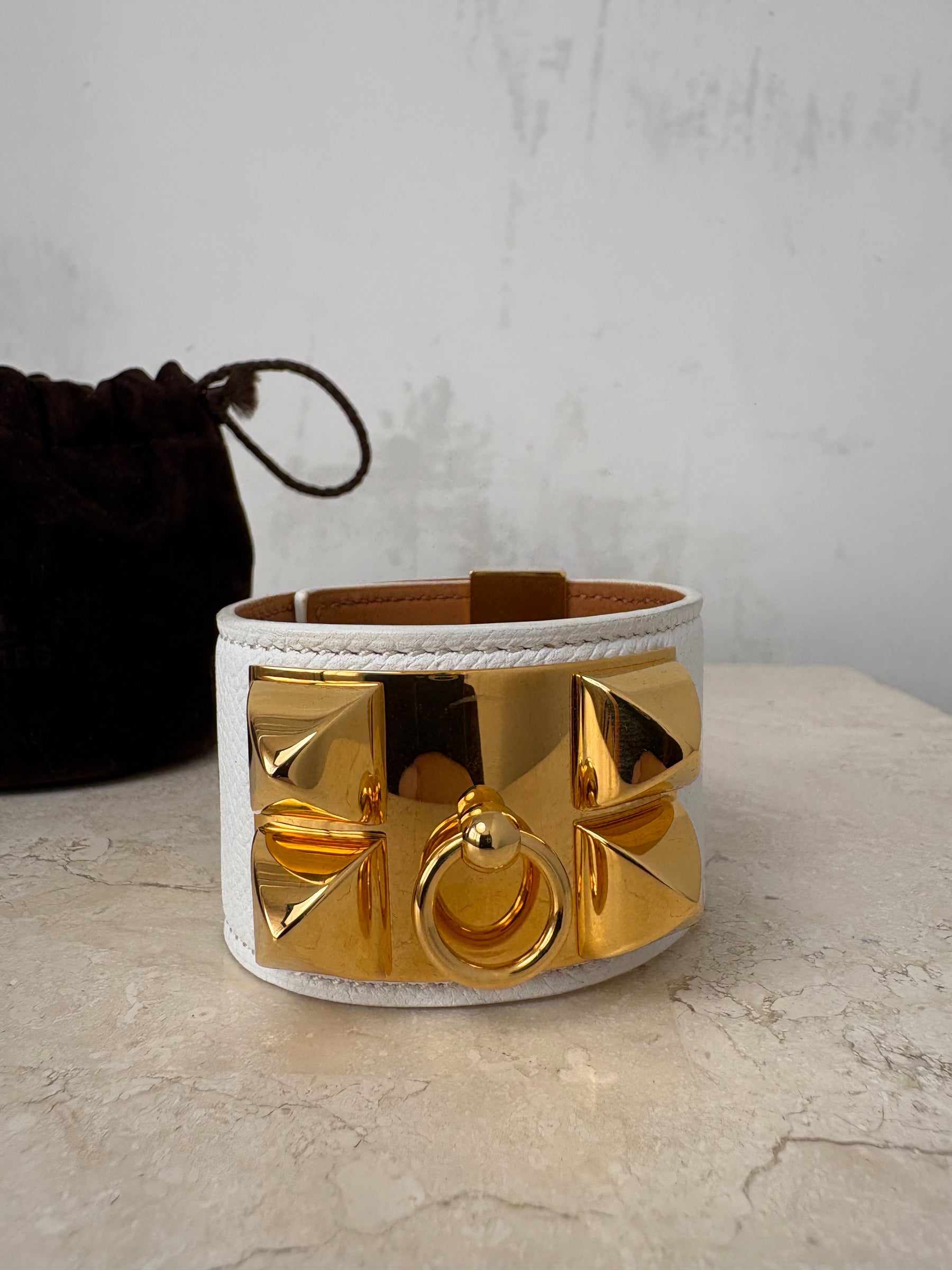 Hèrmes White Leather Collier De Chien Cuff Bracelet, S
