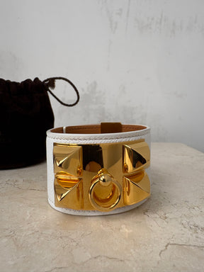 Hèrmes White Leather Collier De Chien Cuff Bracelet, S