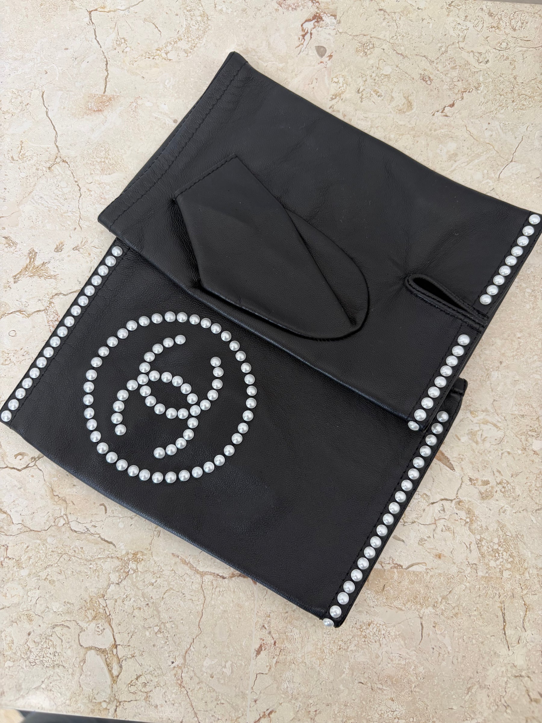Chanel Black Leather Pearl Logo Fingerless Gloves, 8