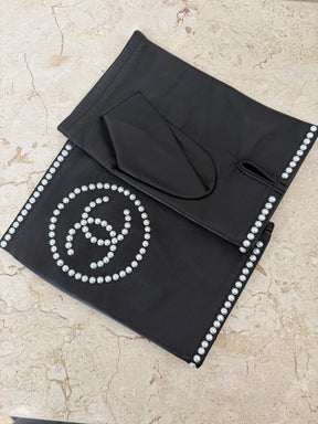 Chanel Black Leather Pearl Logo Fingerless Gloves, 8