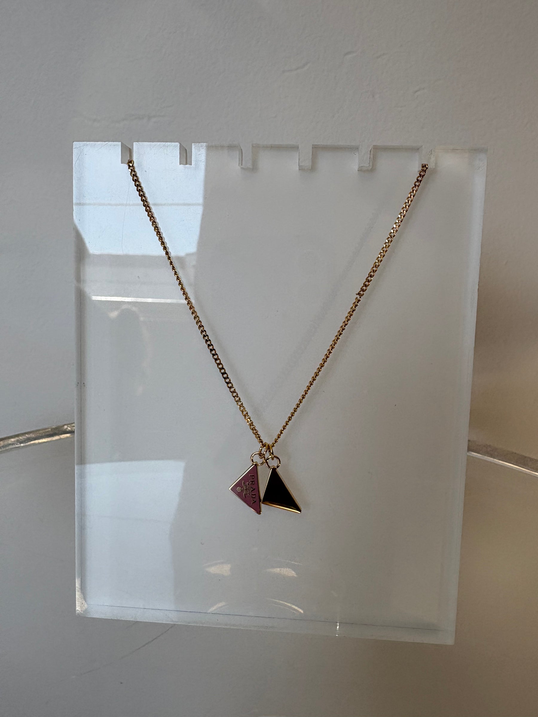 Prada Gold Tone Pink Triangle Logo Necklace