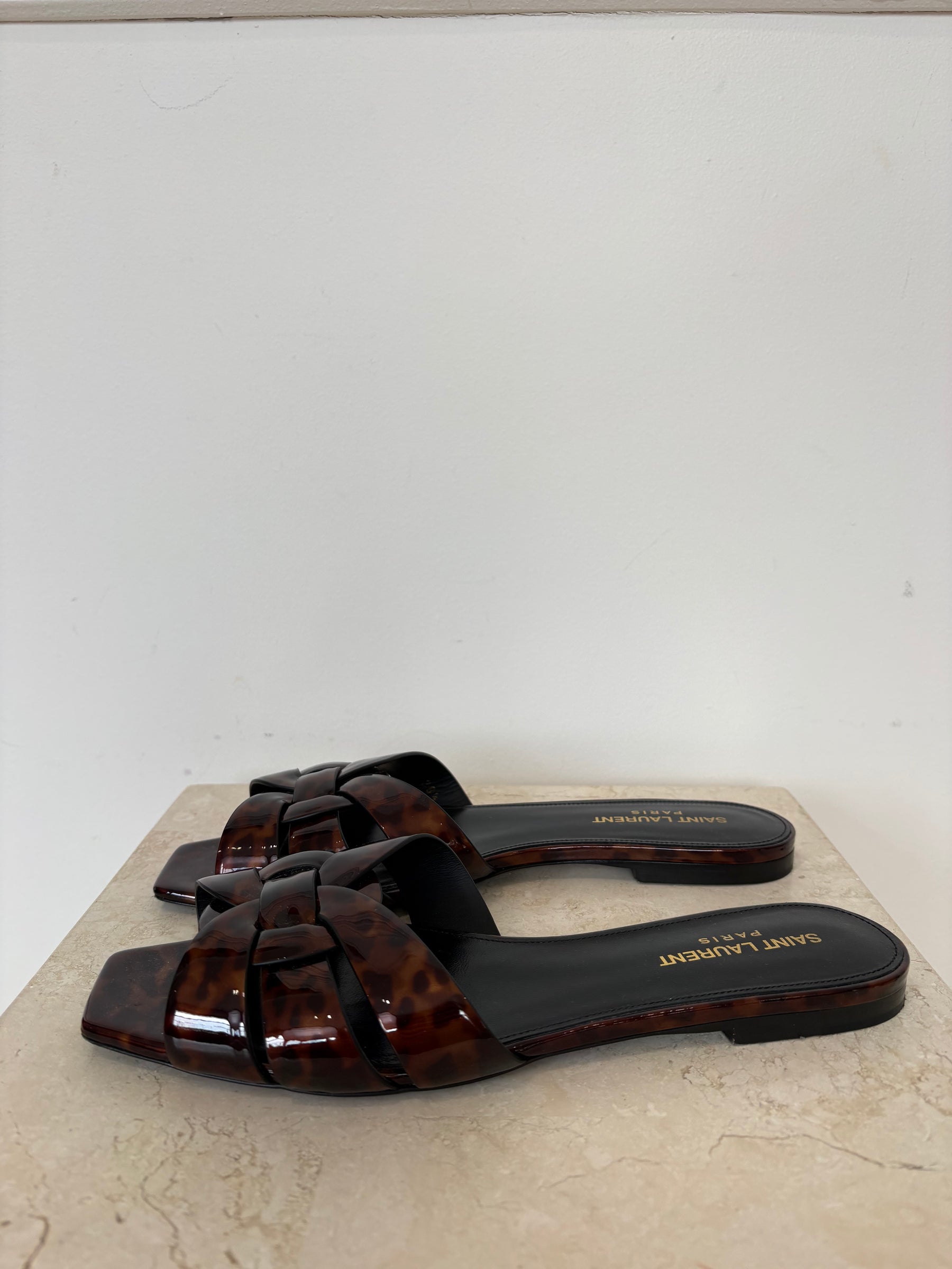 YSL Tribute Slip-On Sandals In Tortoise Shell, 38.5