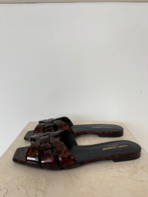YSL Tribute Slip-On Sandals In Tortoise Shell, 38.5