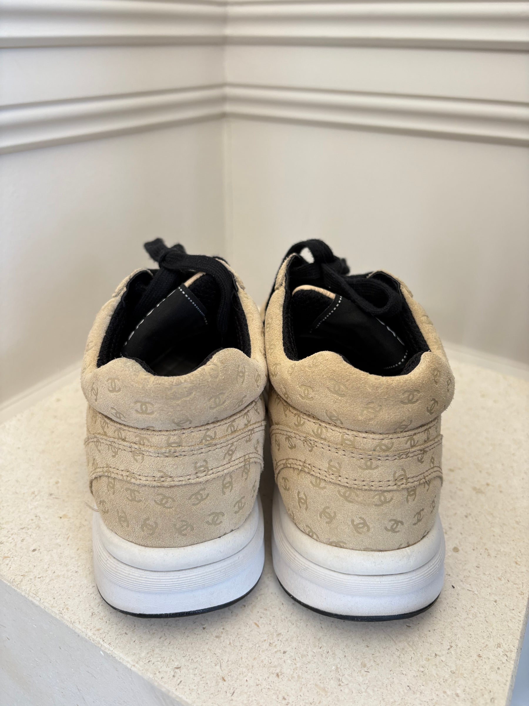 Chanel Beige Suede Logo Embossed Trainers, 38