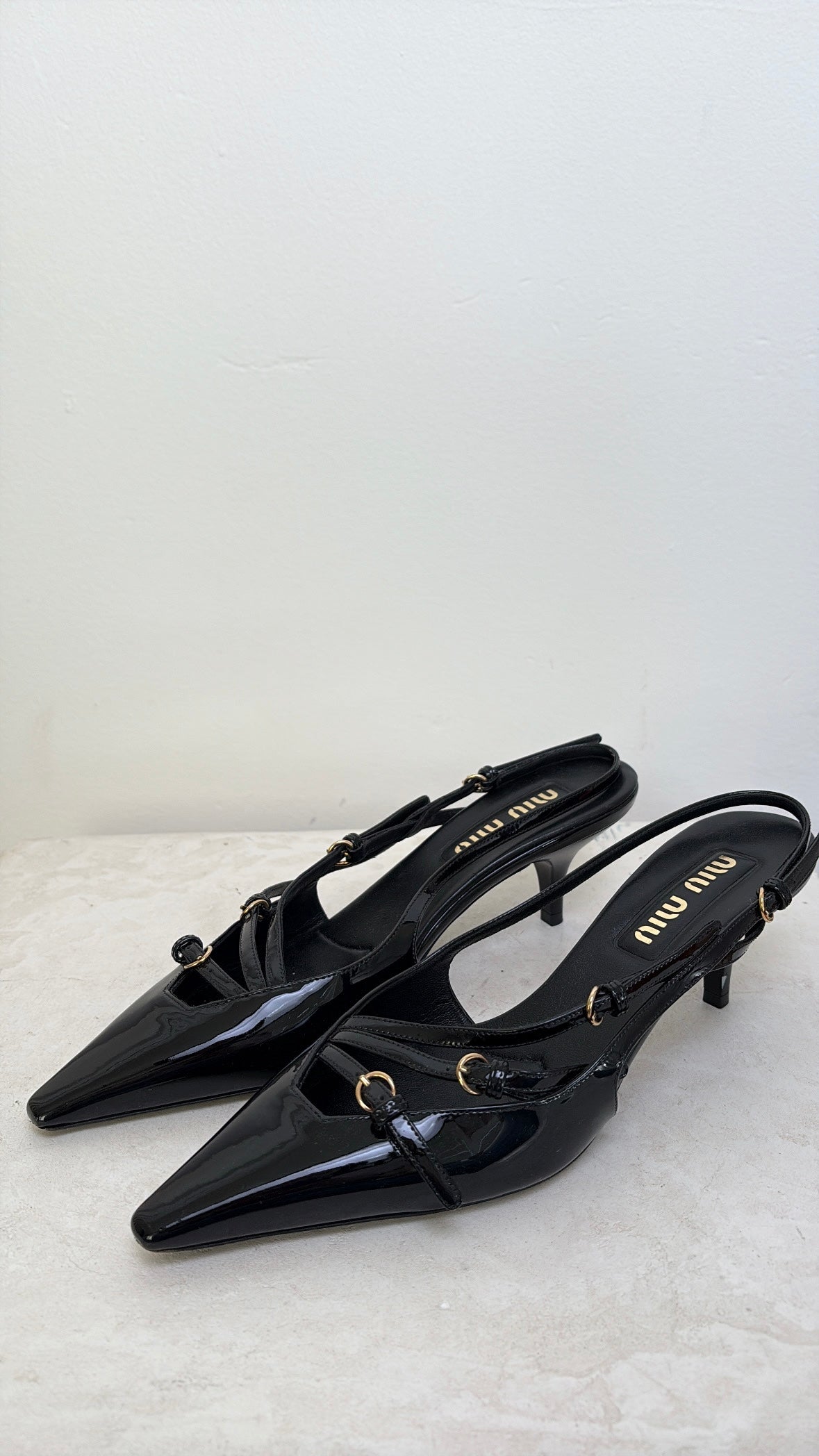Miu Miu Black Patent Leather Singback Heels With Buckles 7cm, 38