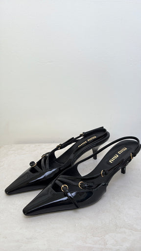 Miu Miu Black Patent Leather Singback Heels With Buckles 7cm, 38