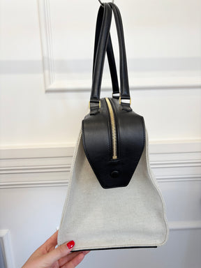 Celine Natural and Black Leather Ring Top Handle Bag