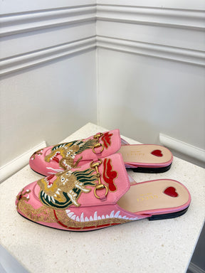 Gucci Pink Satin Dragon Embroidered Princeton Mules, 37.5