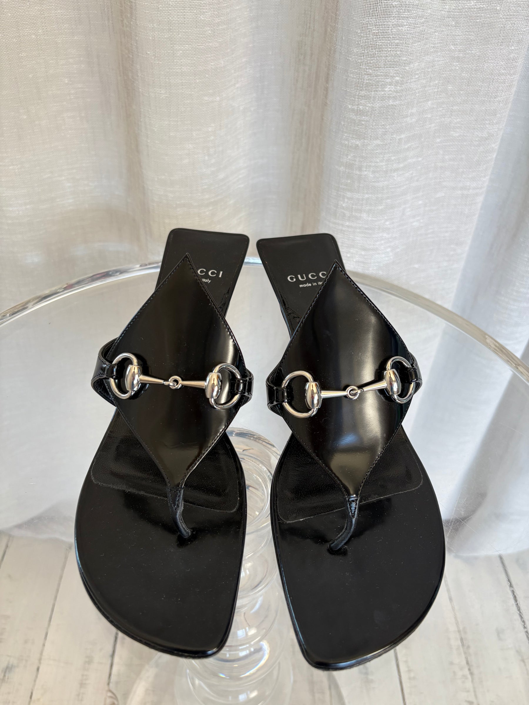 Gucci Black Leather Horsebit Thong Heeled Sandals, 39.5