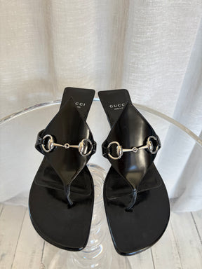 Gucci Black Leather Horsebit Thong Heeled Sandals, 39.5