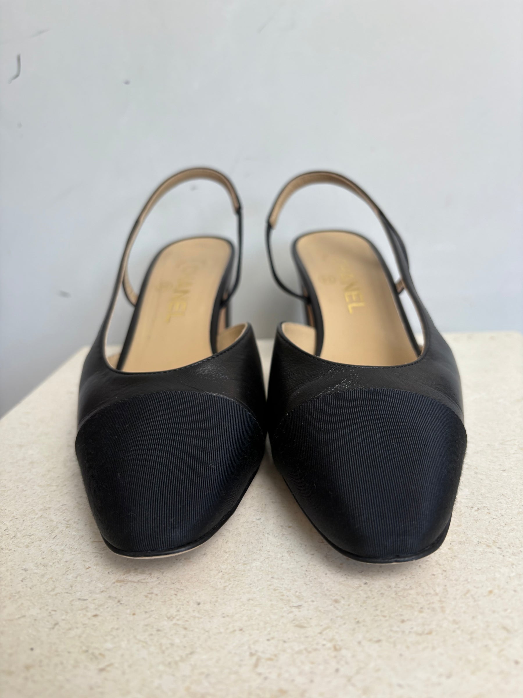 Chanel Black Leather and Grosgrain Slingback Heels, 38.5
