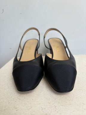 Chanel Black Leather and Grosgrain Slingback Heels, 38.5