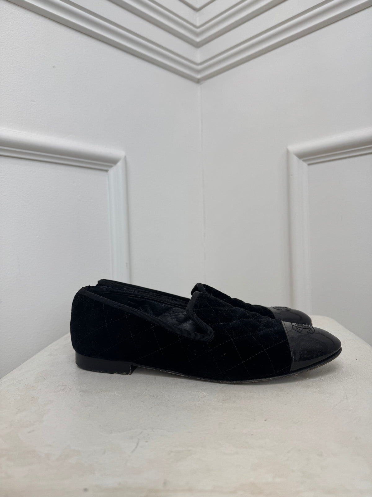 Chanel Black Velvet Loafers, 38.5