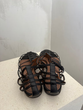 Alaia Black Leather Laser Gladiator Sandal, 38