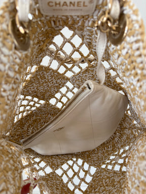Chanel Natural and White Raffia Chain Leather Tote Bag