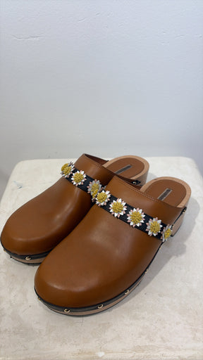 Fabrizio Viti Tan Leather Daisy Embellished Wooden Cloggs, 42