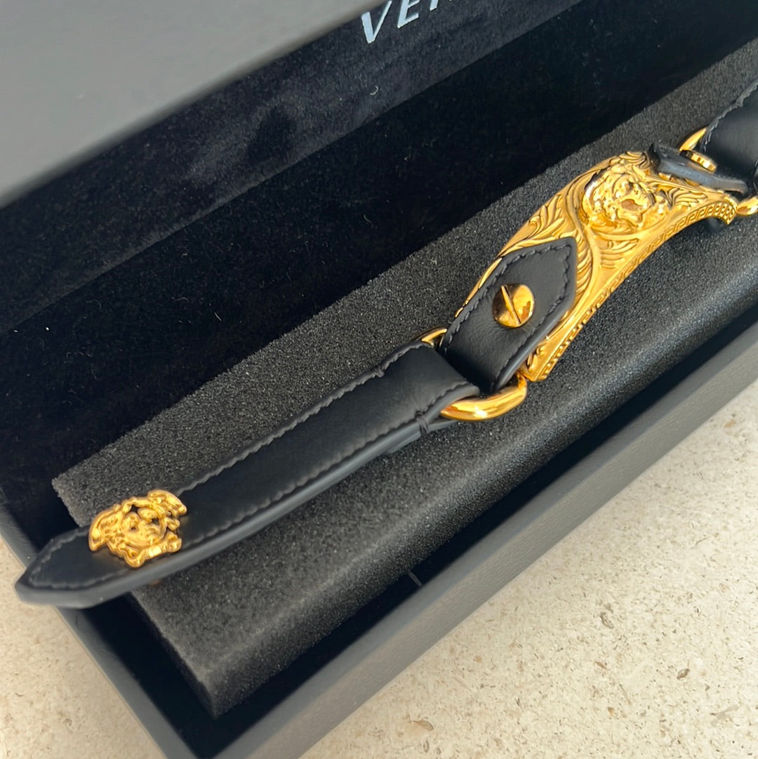 Versace Black Leather Bracelet with Gold Versace Head