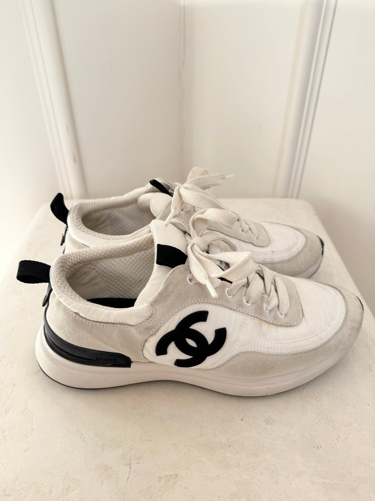 Chanel WHite and Black Logo Sneaker, 38