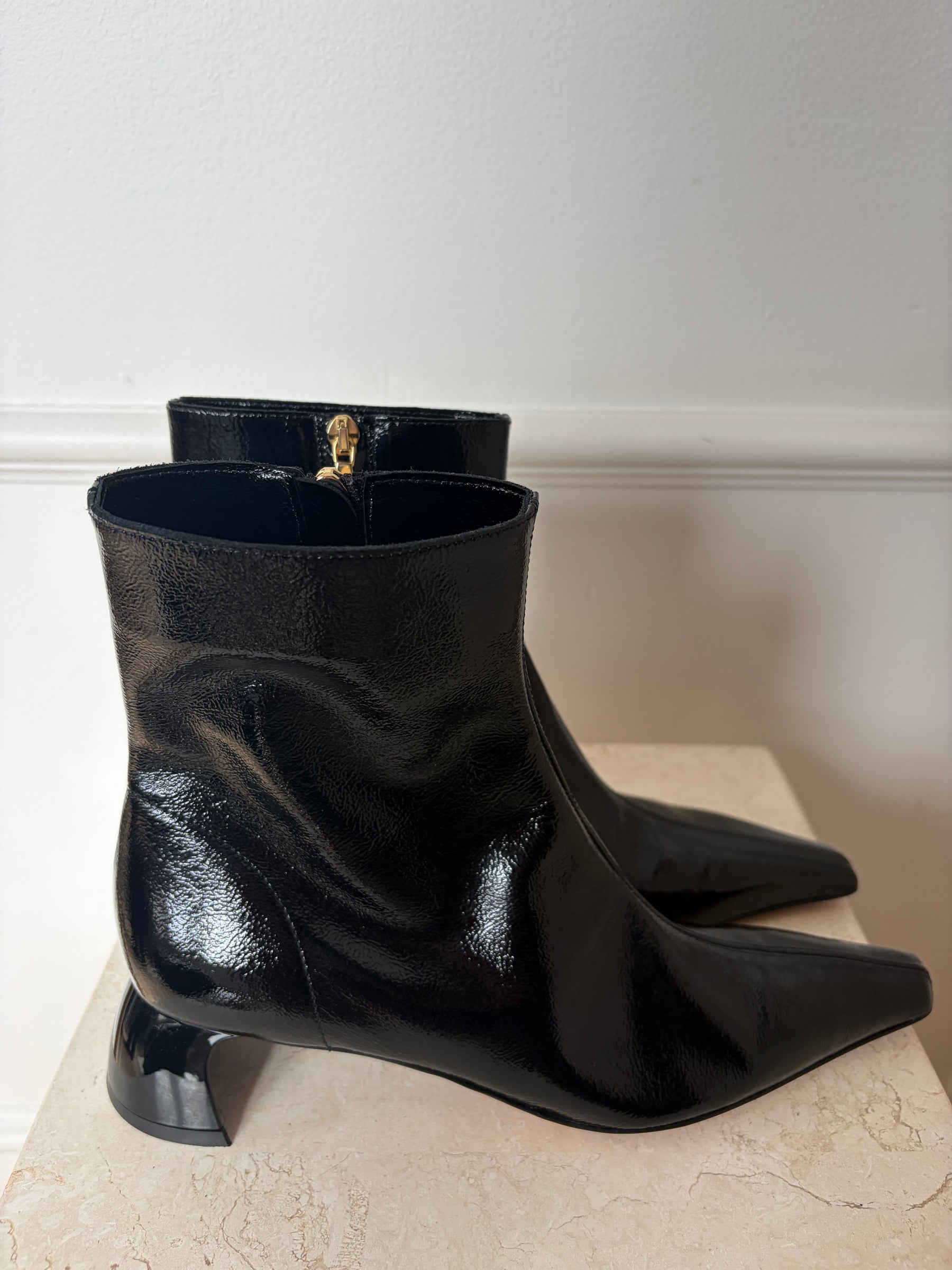 Tibi Black Patent Leather Pointed Ankle Boot, 37.5