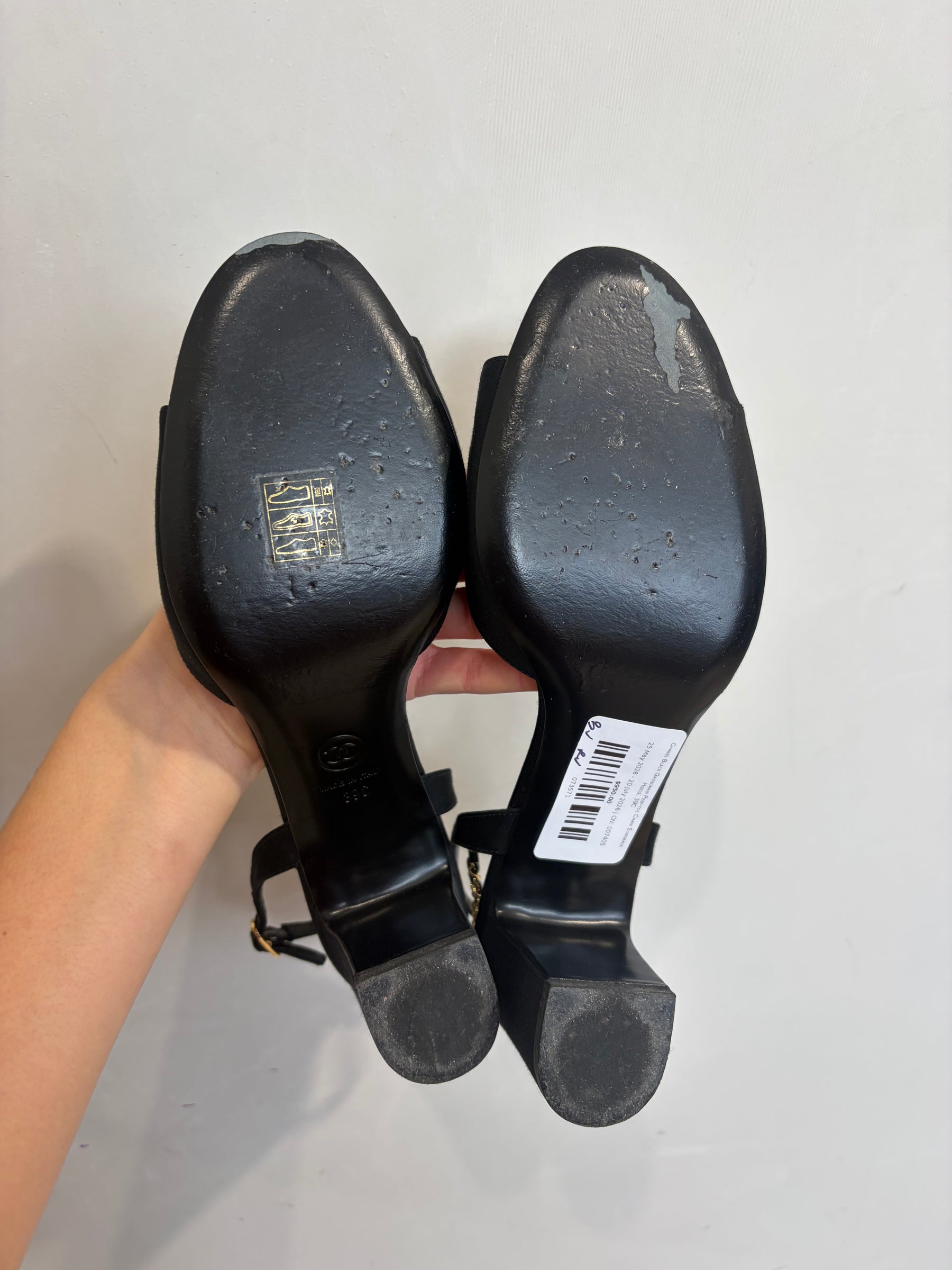 Chanel Black Grosgrain Peep-toe Chain Slingback Heels, 39C