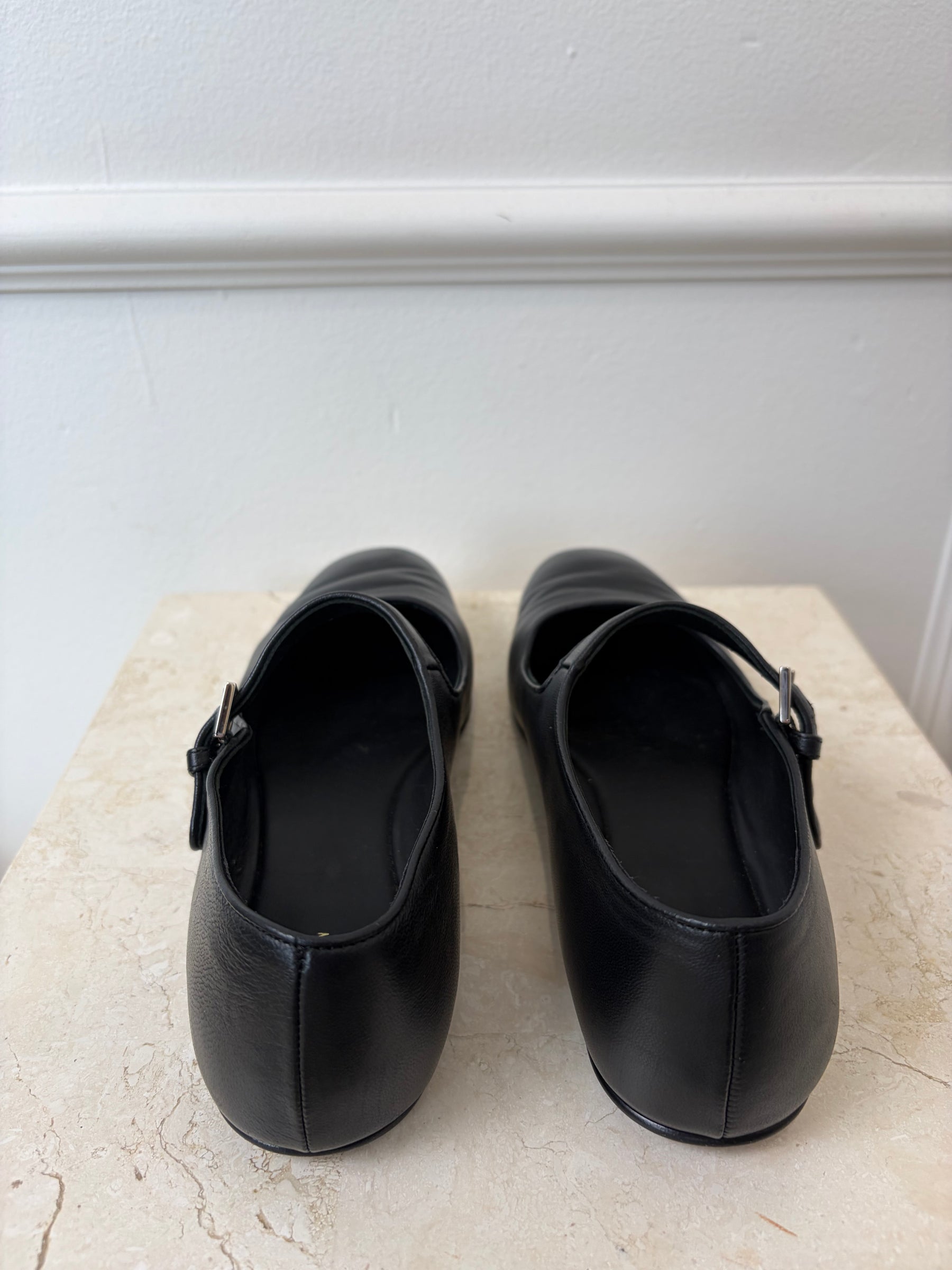 The Row Black Leather Mary Jane Flats, 37.5