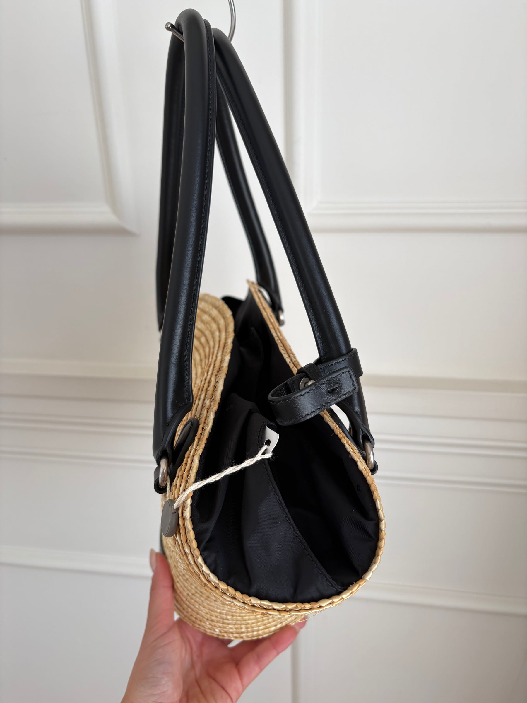 Balenciaga Raffia and Black Leather Mini Beach Tote