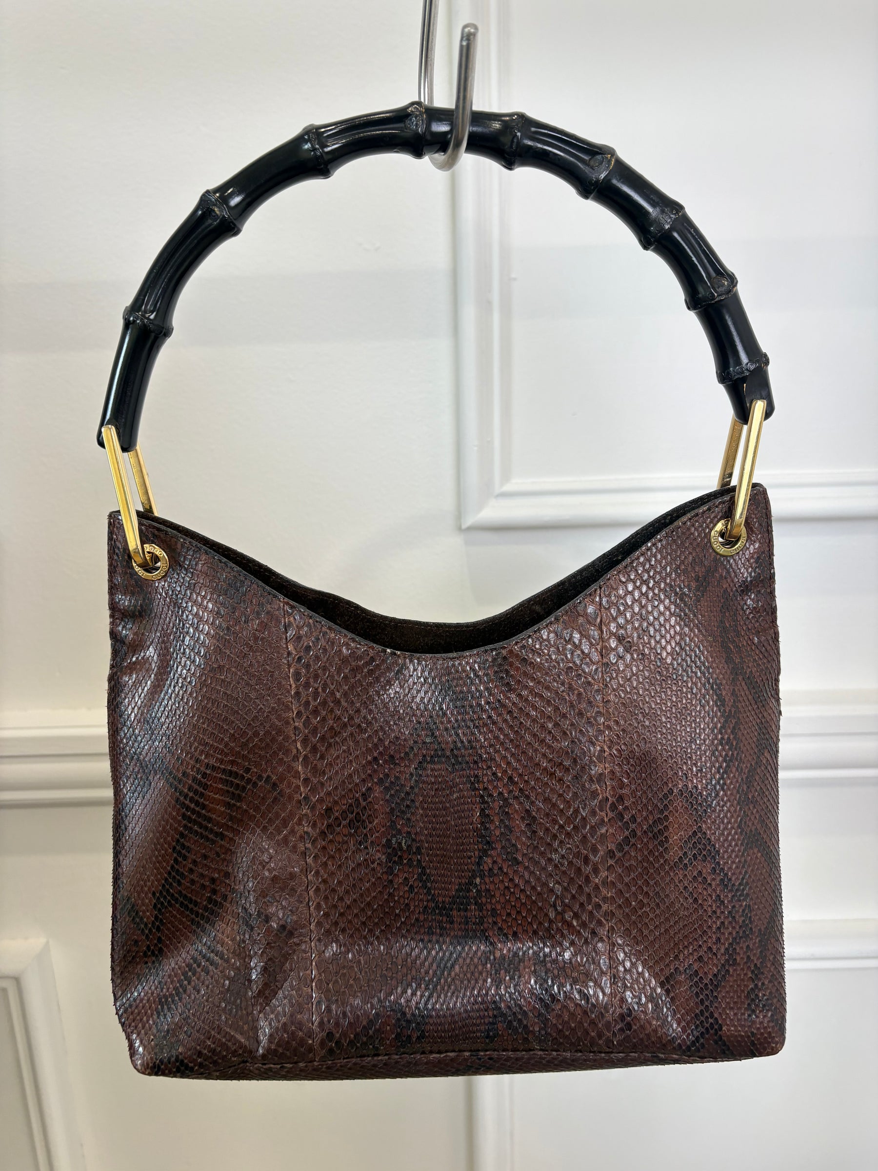 Gucci Snake Skin Shoulder Bag And Pouch Bamboo Handle