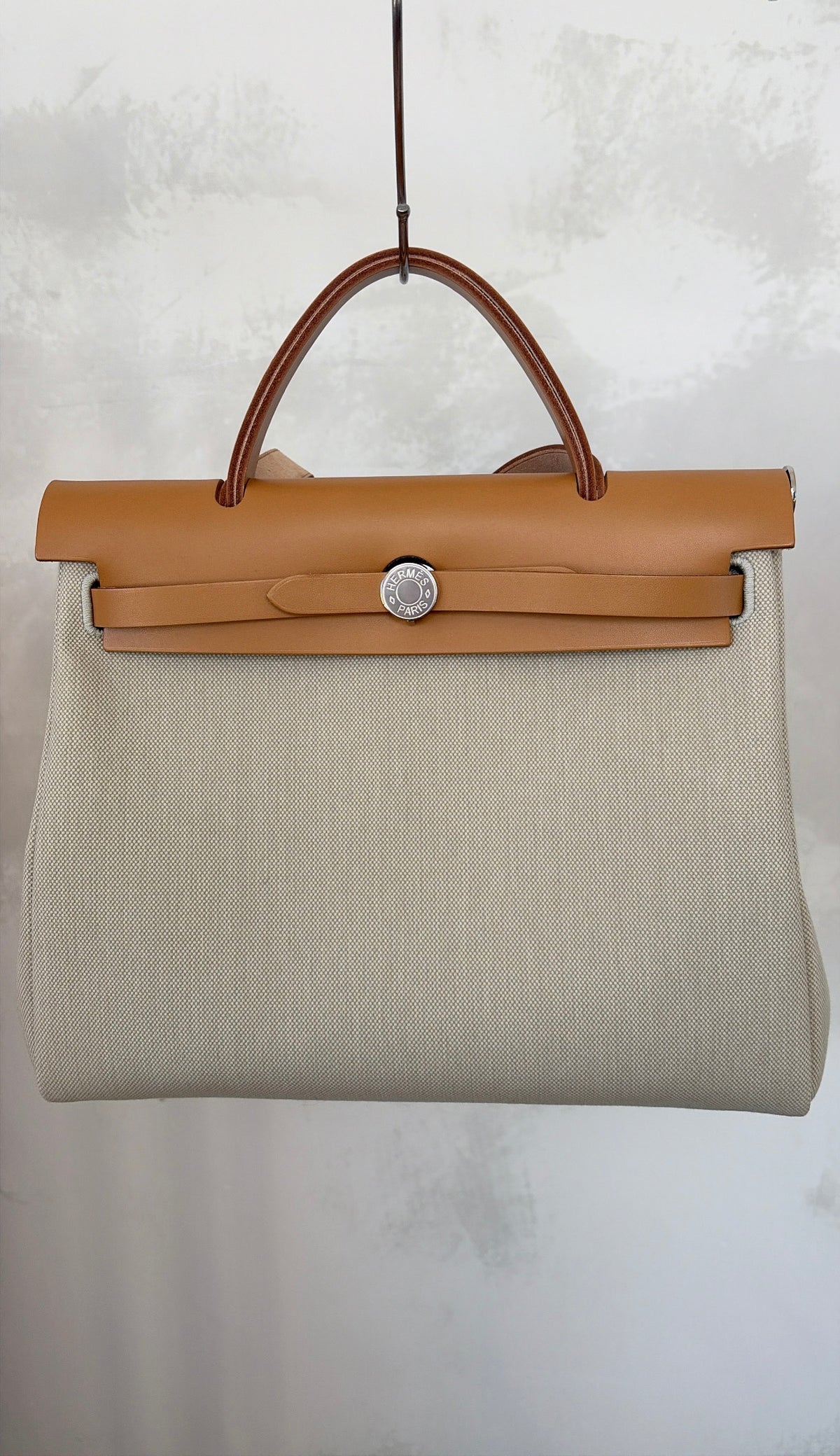 Hermès Special Order Herbag Zip Retourné 31 in Beton Canvas and Naturel-Sable Leather