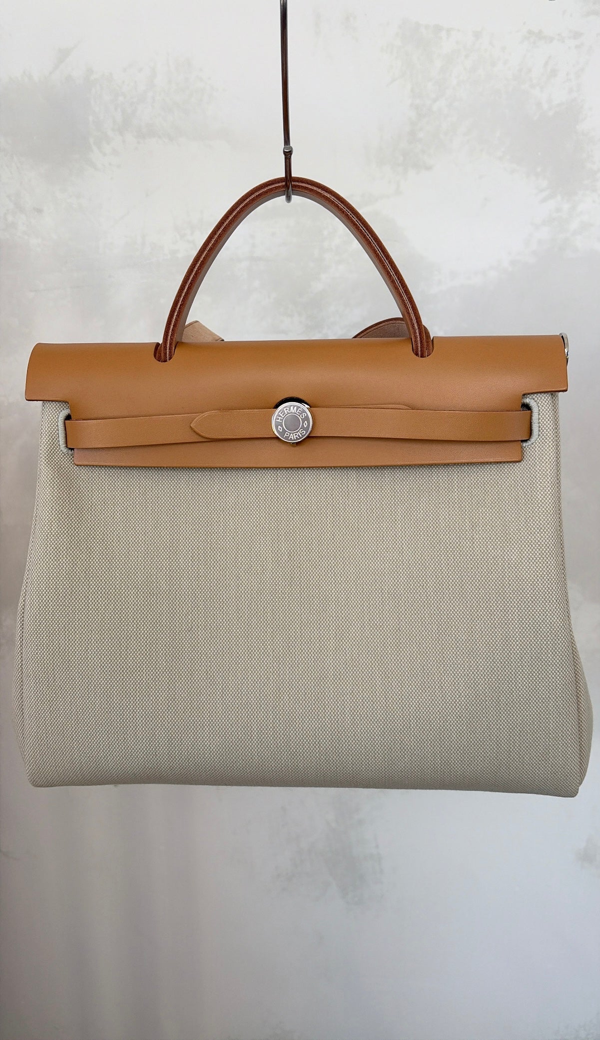 Hermès Special Order Herbag Zip Retourné 31 in Beton Canvas and Naturel-Sable Leather