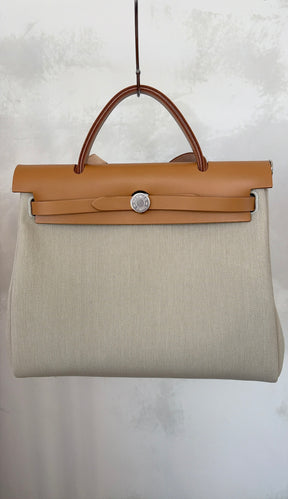 Hermès Special Order Herbag Zip Retourné 31 in Beton Canvas and Naturel-Sable Leather
