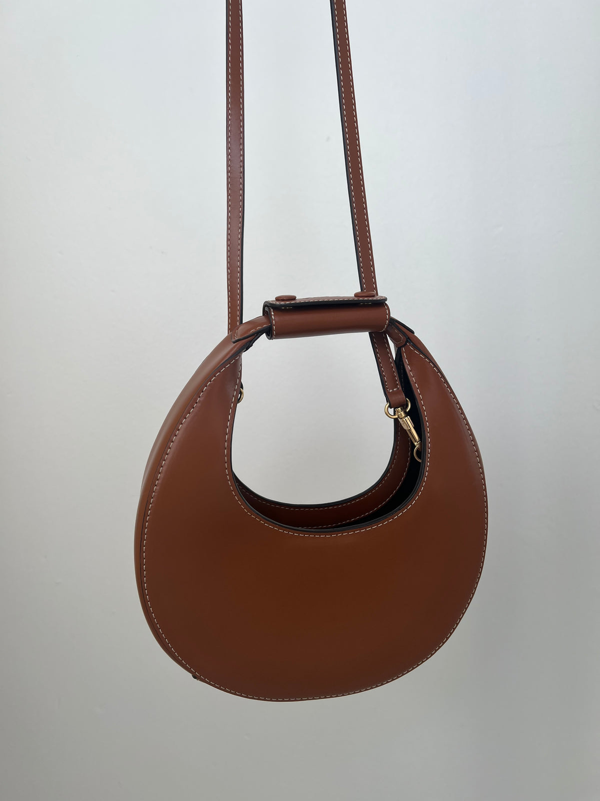 STAUD Tan Leather Mini Moon Bag