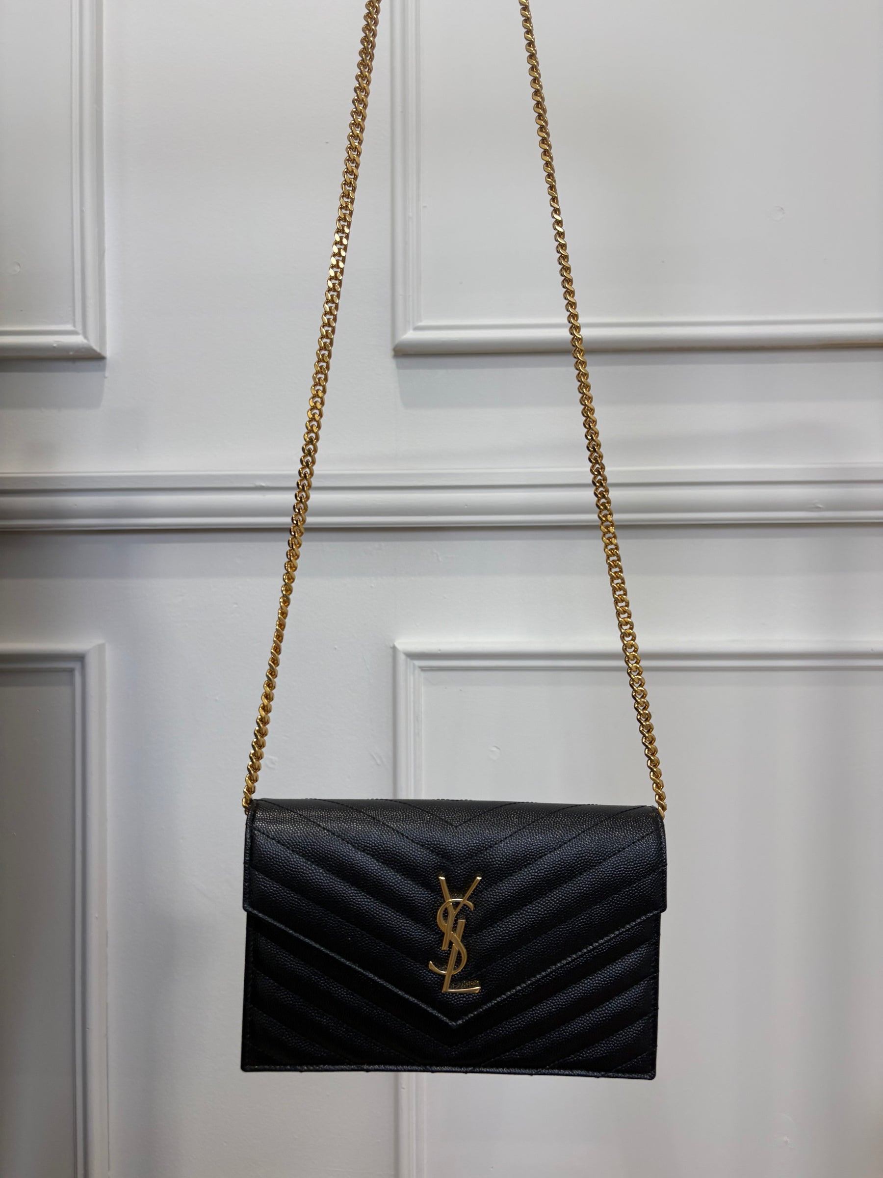 Saint Laurent Black Chevron Quilted Envelope Chain Wallet