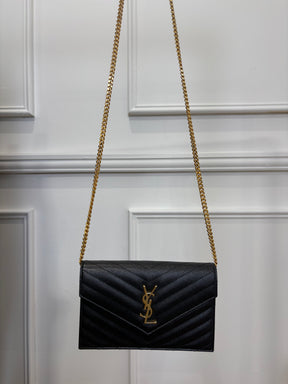 Saint Laurent Black Chevron Quilted Envelope Chain Wallet